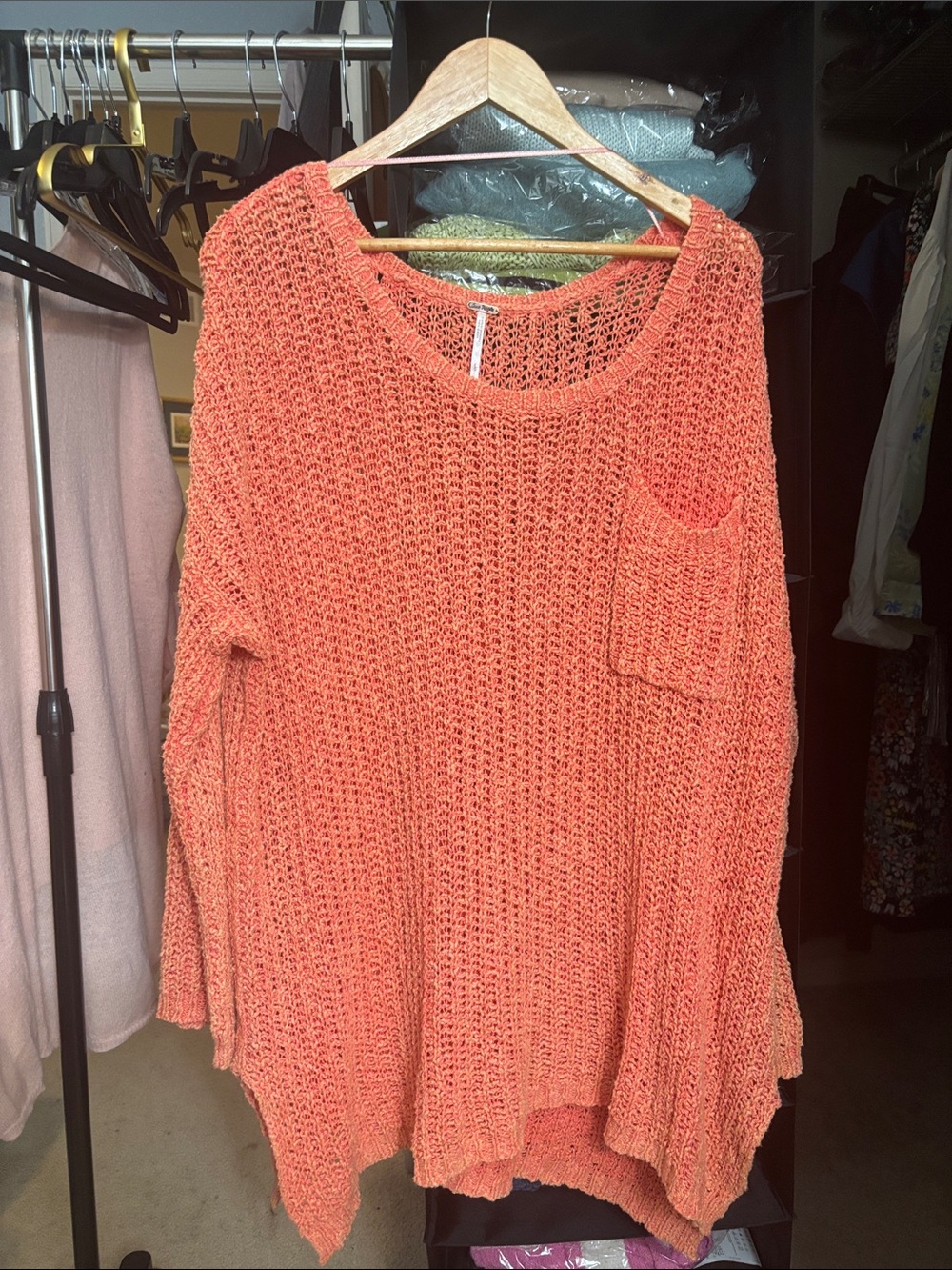 Free People Open-Knit Coral Pullover with Chest Pocket